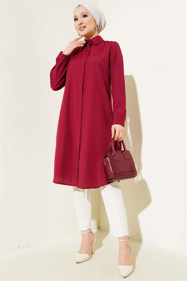 Long Style Classic Collar Tunic in Burgundy
