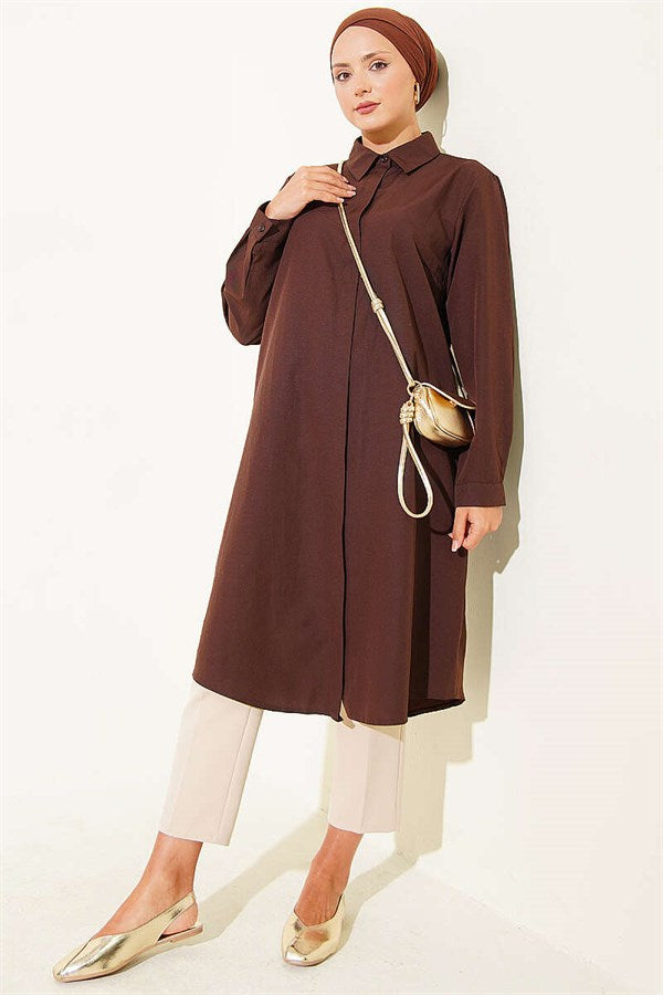 Long Style Classic Collar Tunic in Brown