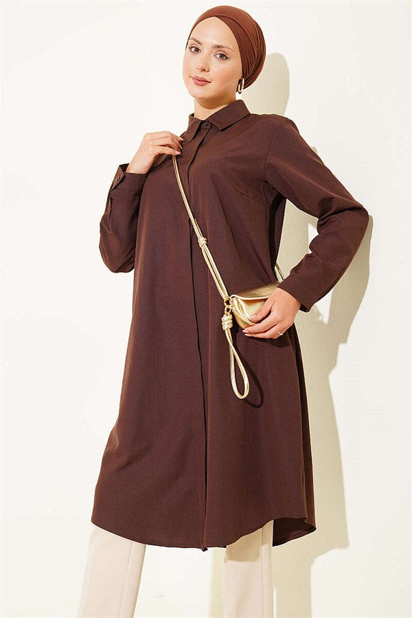 Long Style Classic Collar Tunic in Brown