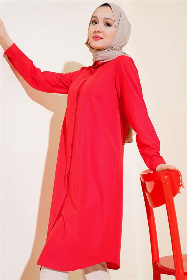 Long Style Classic Collar Tunic Red