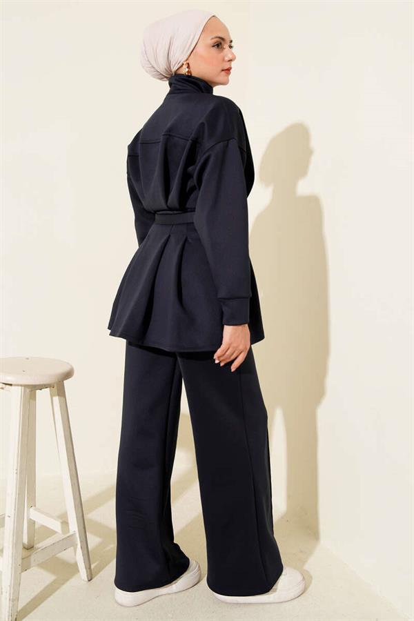 Long Darted Belted 2 Piece Set Navy Blue