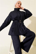 Long Darted Belted 2 Piece Set Navy Blue
