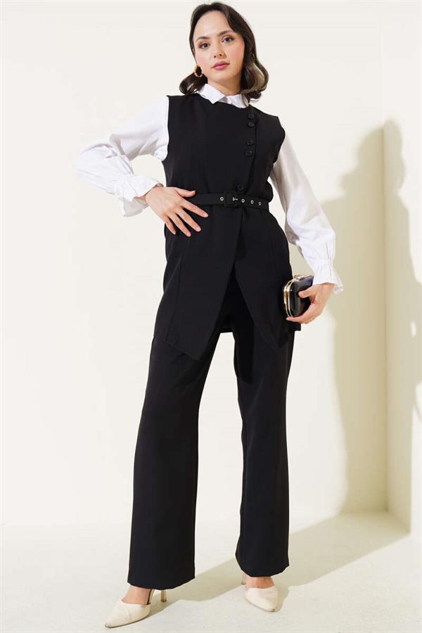 Long Vest Cross Buttoned 2 Piece Set Black
