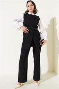 Long Vest Cross Buttoned 2 Piece Set Black