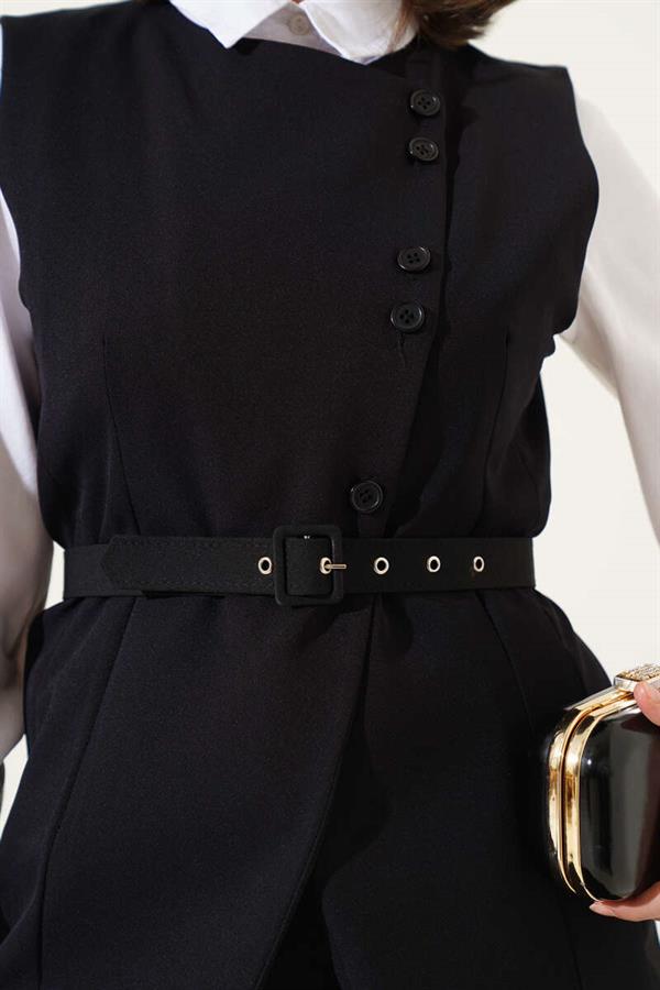 Long Vest Cross Buttoned 2 Piece Set Black