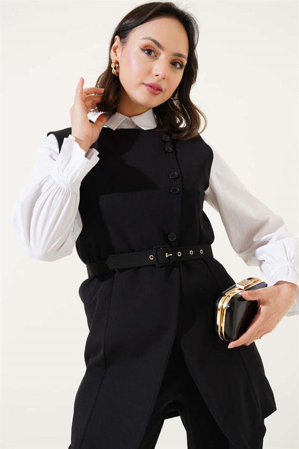 Long Vest Cross Buttoned 2 Piece Set Black