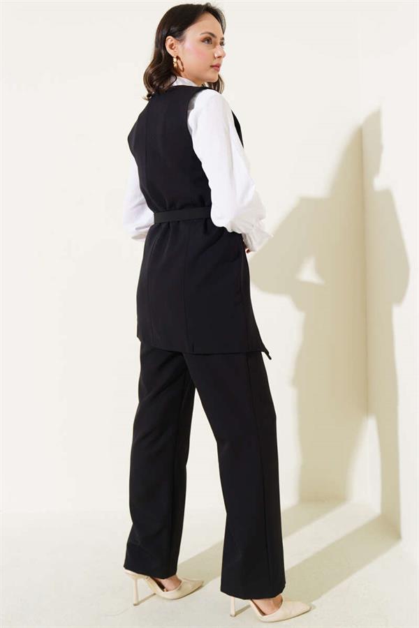Long Vest Cross Buttoned 2 Piece Set Black