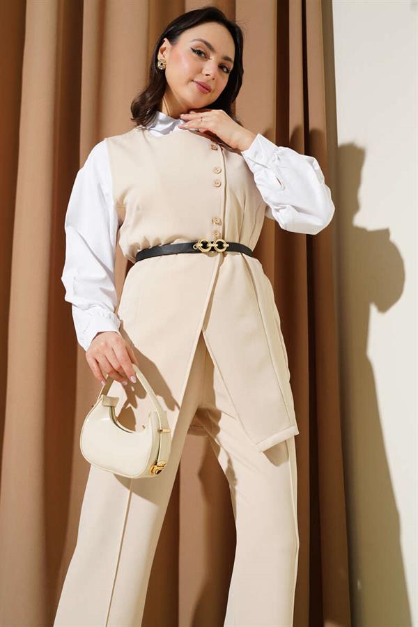 Long Vest Belted 2 Piece Set Beige