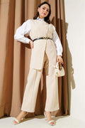 Long Vest Belted 2 Piece Set Beige