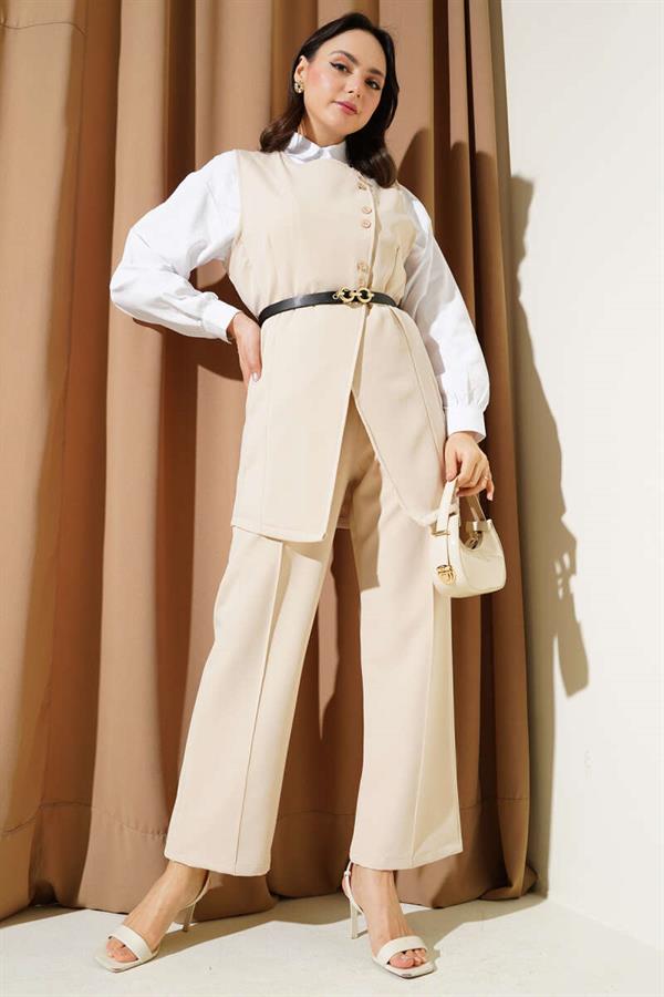 Long Vest Belted 2 Piece Set Beige