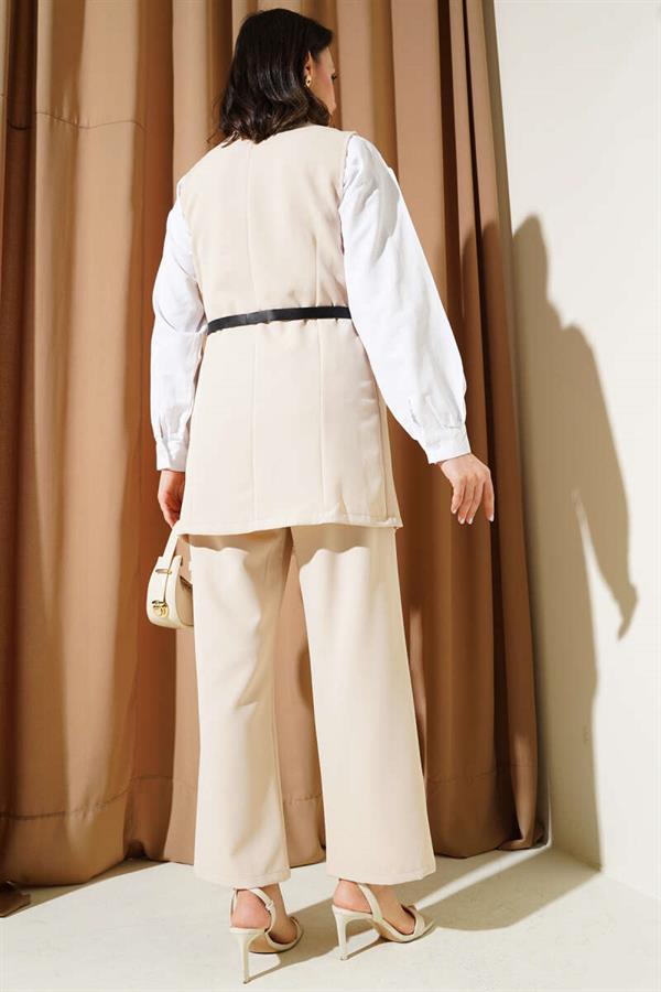 Long Vest Belted 2 Piece Set Beige