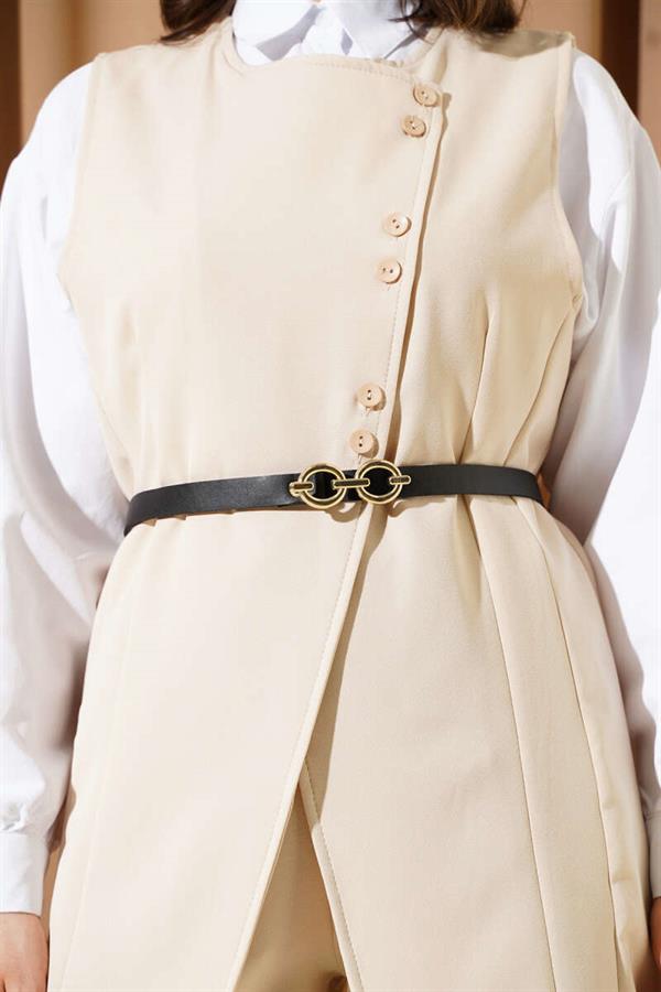 Long Vest Belted 2 Piece Set Beige