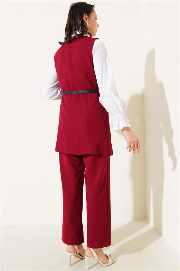 Long Vest Belted 2 Piece Set Claret Red