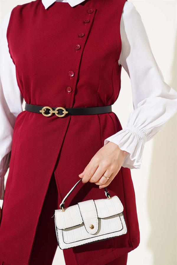 Long Vest Belted 2 Piece Set Claret Red