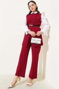 Long Vest Belted 2 Piece Set Claret Red