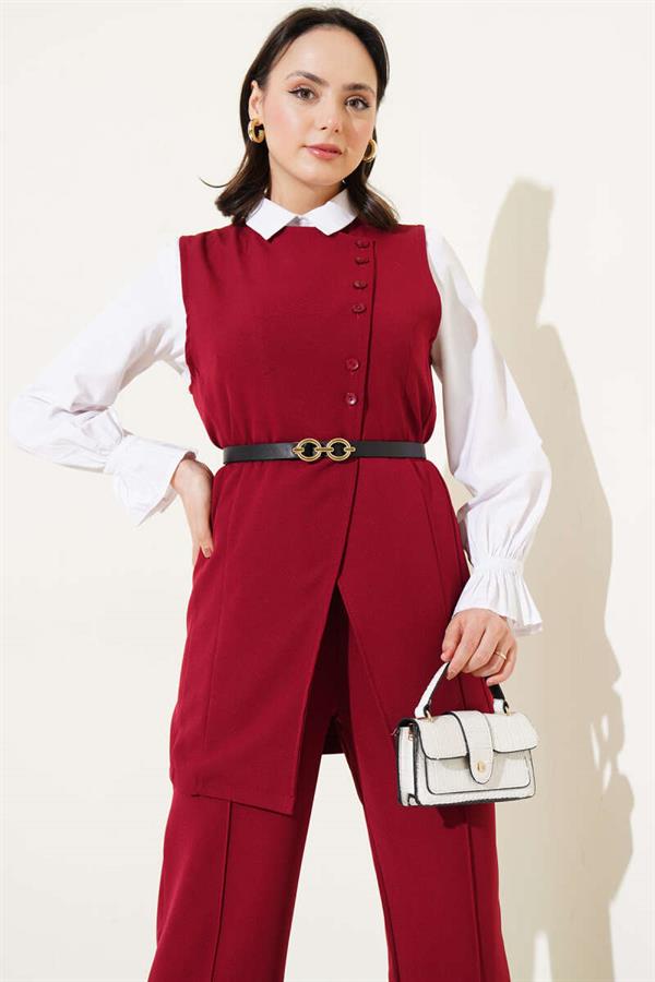 Long Vest Belted 2 Piece Set Claret Red