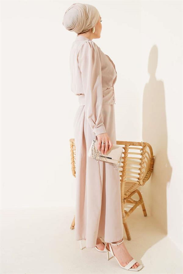 V-Neck Jacket and Vest Suit Beige