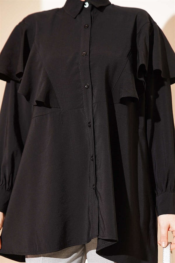 V-Ruffle Modal Loose-Fitting Shirt, Black