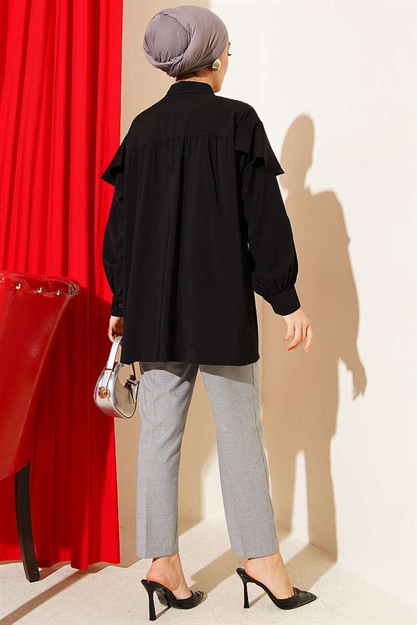 V-Ruffle Modal Loose-Fitting Shirt, Black