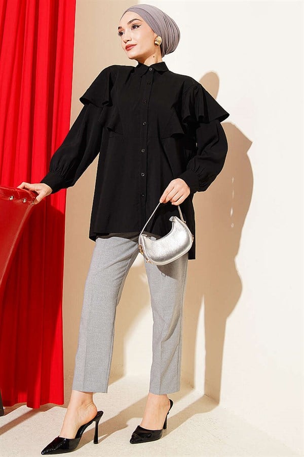 V-Ruffle Modal Loose-Fitting Shirt, Black