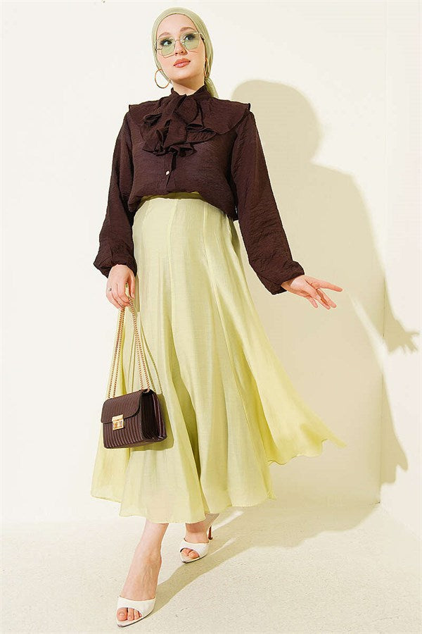 V-Neck Ruffled Short Shirt with Drawstring, Dark Brown