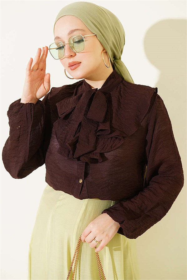 V-Neck Ruffled Short Shirt with Drawstring, Dark Brown