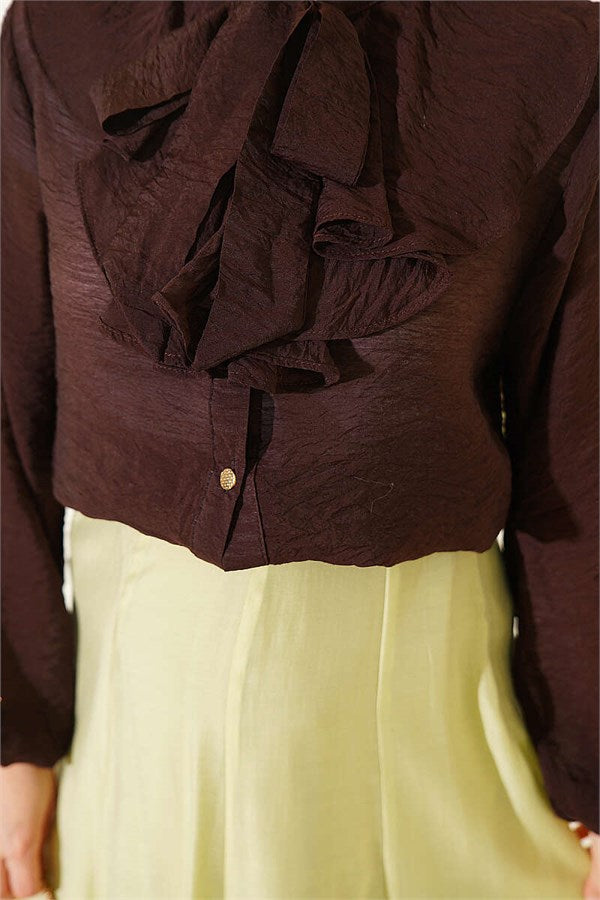 V-Neck Ruffled Short Shirt with Drawstring, Dark Brown