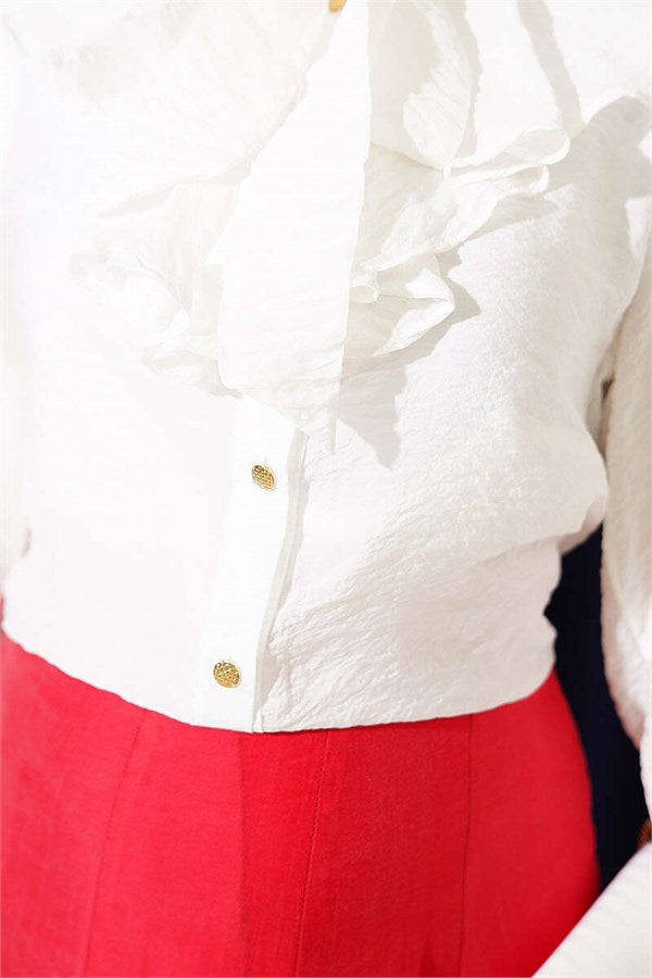 V-Neck Ruffled Short Shirt with Drawstring, Ecru