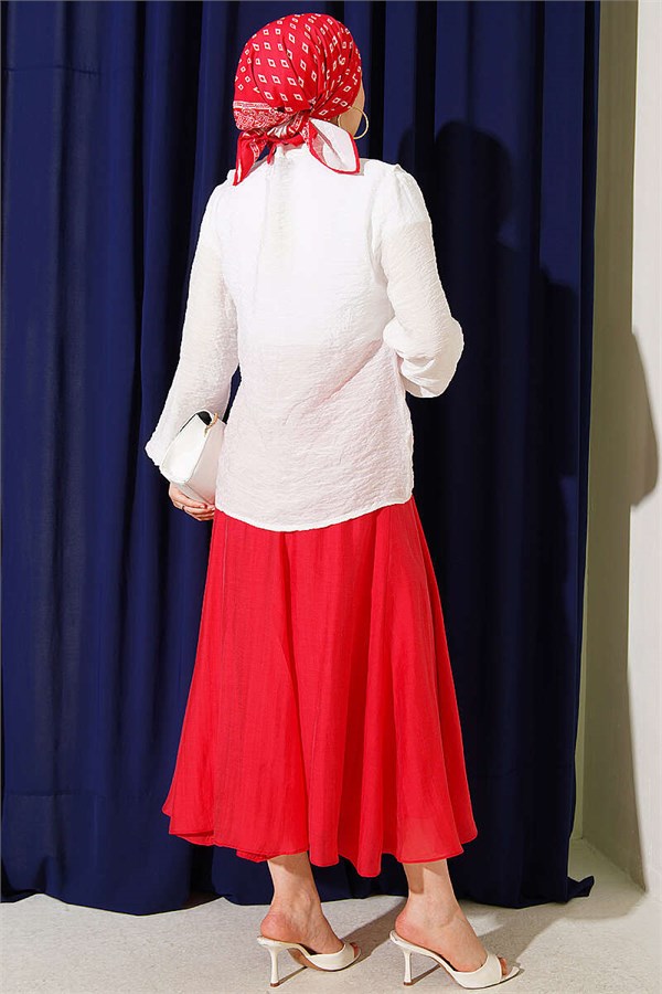 V-Neck Ruffled Short Shirt with Drawstring, Ecru