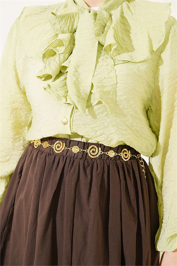 V-Neck Ruffled Drawstring Short Shirt, Pistachio Green