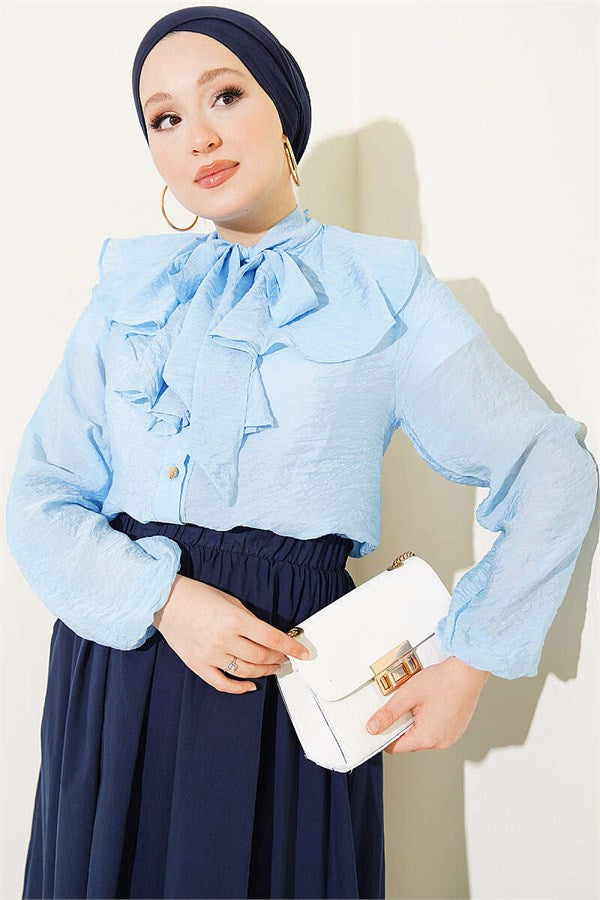 V-Neck Ruffled Short Shirt with Drawstring, Blue