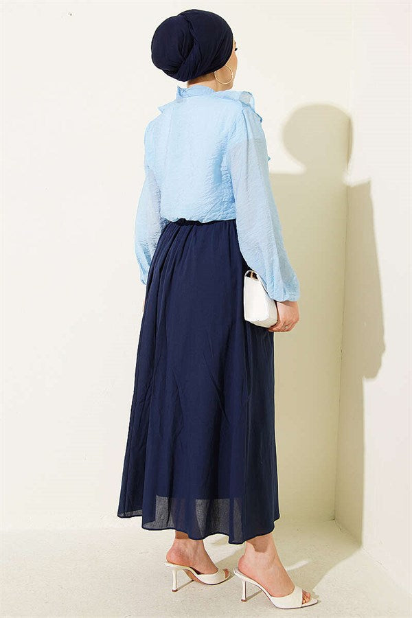 V-Neck Ruffled Short Shirt with Drawstring, Blue