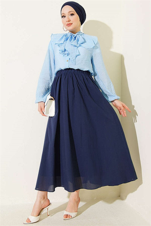 V-Neck Ruffled Short Shirt with Drawstring, Blue