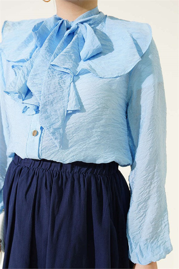 V-Neck Ruffled Short Shirt with Drawstring, Blue