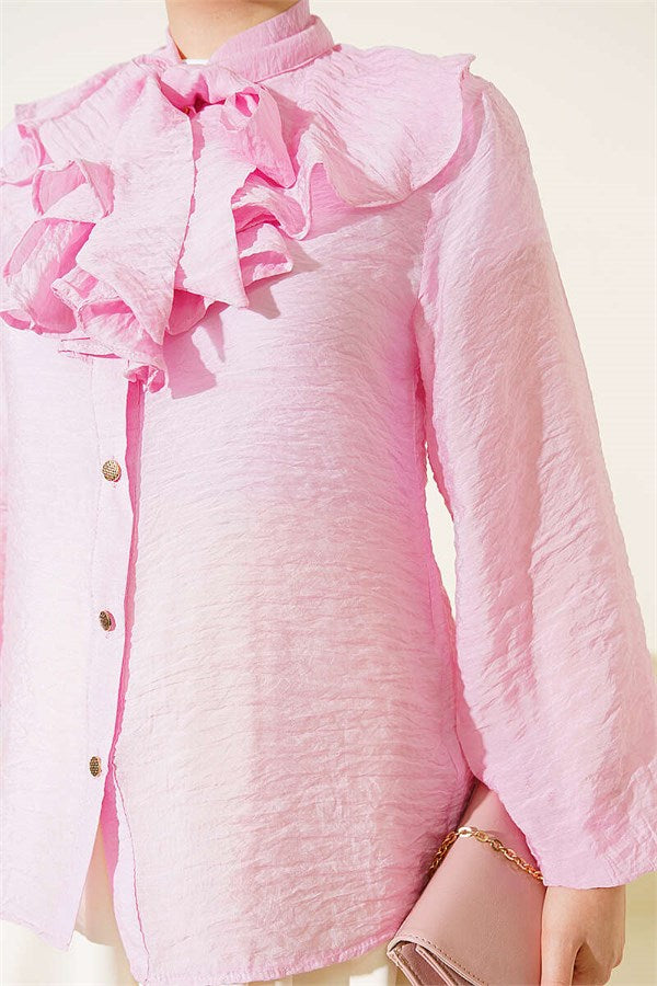V-Neck Ruffled Short Shirt with Drawstring, Pink