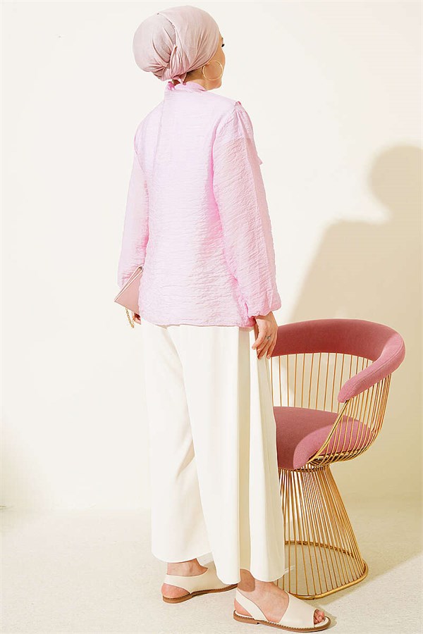 V-Neck Ruffled Short Shirt with Drawstring, Pink