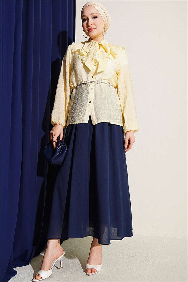 V-Neck Ruffled Short Shirt with Drawstring, Yellow