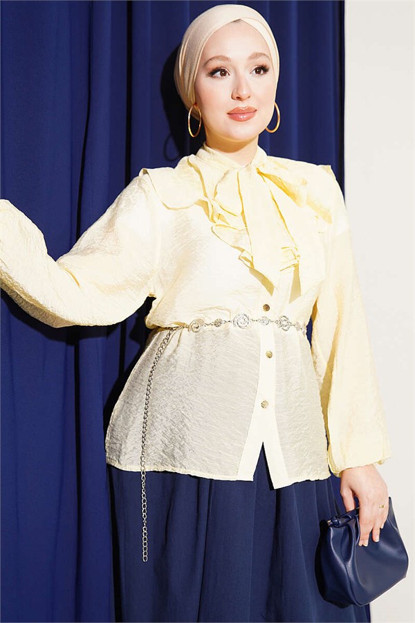 V-Neck Ruffled Short Shirt with Drawstring, Yellow