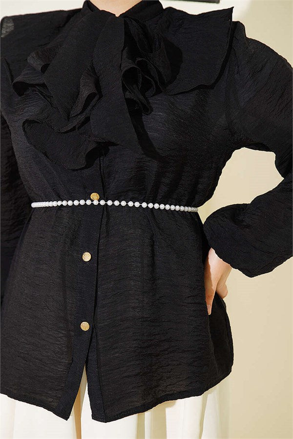 V-Neck Ruffled Short Shirt with Drawstring, Black