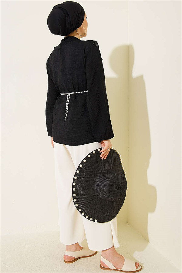 V-Neck Ruffled Short Shirt with Drawstring, Black