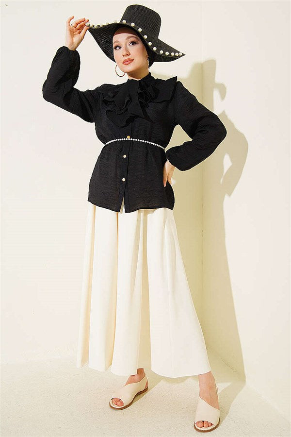 V-Neck Ruffled Short Shirt with Drawstring, Black