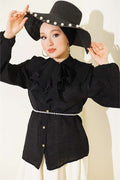V-Neck Ruffled Short Shirt with Drawstring, Black