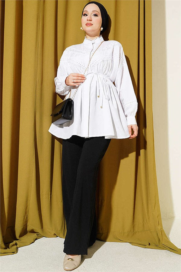 V-Neck Lace Detail Shirt White