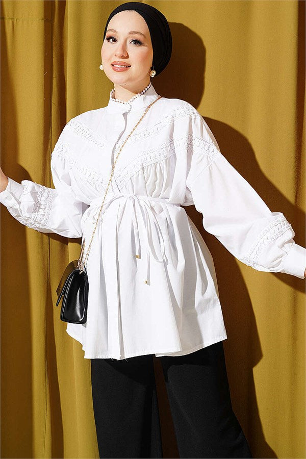 V-Neck Lace Detail Shirt White