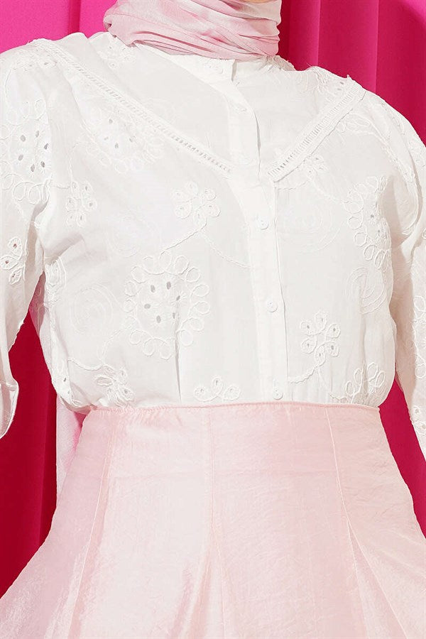 V-Neck Lace Leaf Embroidered Short Shirt White