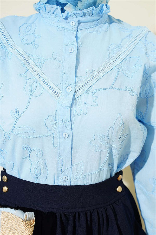 V-Neck Lace Leaf Embroidered Short Shirt, Blue