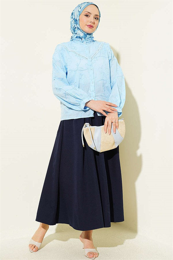 V-Neck Lace Leaf Embroidered Short Shirt, Blue