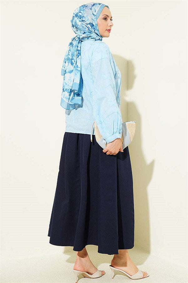 V-Neck Lace Leaf Embroidered Short Shirt, Blue