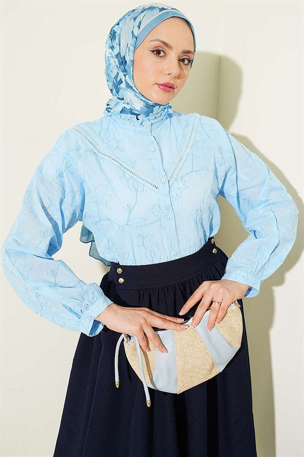 V-Neck Lace Leaf Embroidered Short Shirt, Blue