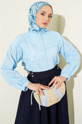 V-Neck Lace Leaf Embroidered Short Shirt, Blue
